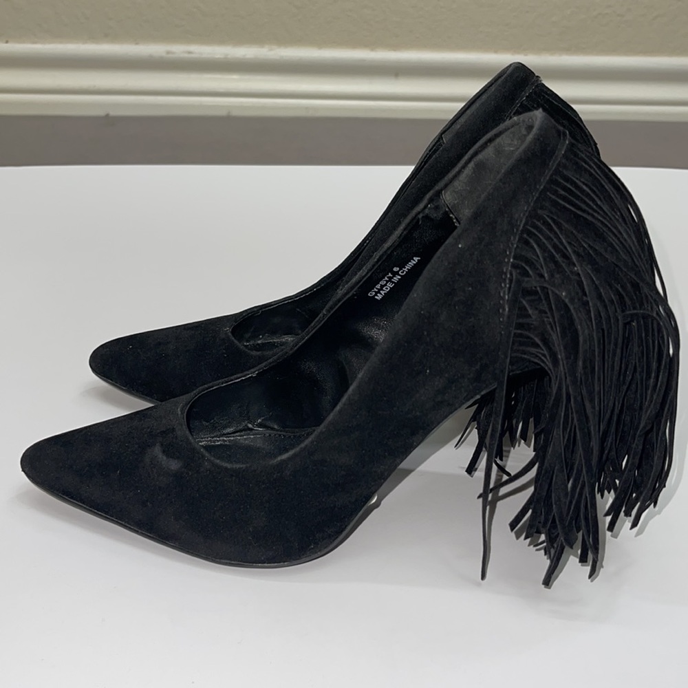 Y2K Black Fringe Back High Heels Suede Stilettos Party Pumps bebe Velour Shoes